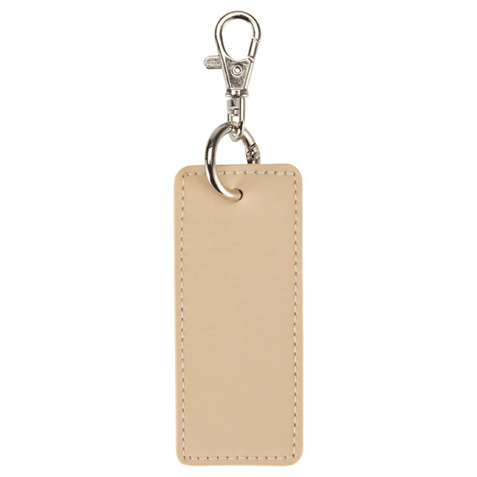 A rectangular keychain in a beige colour with a silver clip and keyring. Features a smooth texture.