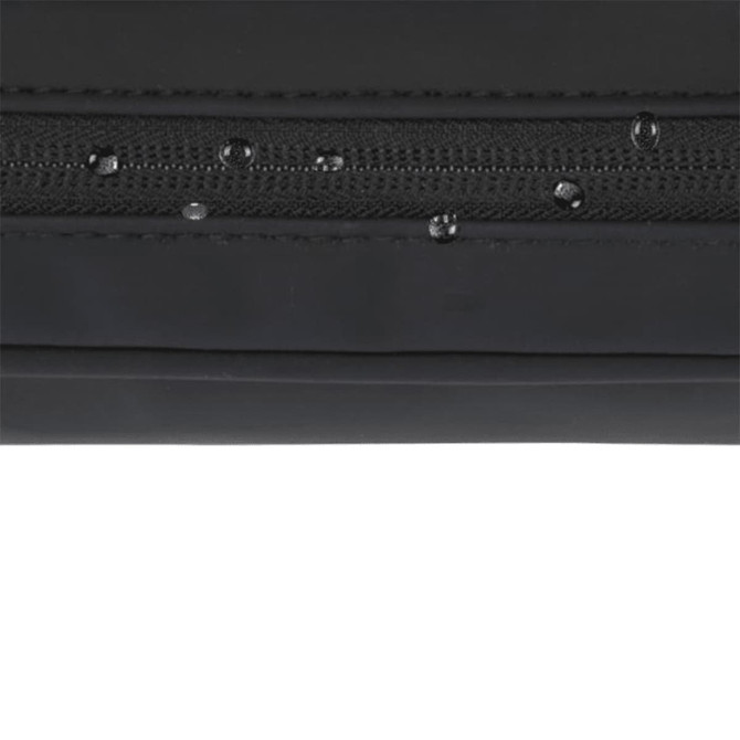 A black tech pouch featuring a textured zipper with beads of water on its surface. It has a logo.