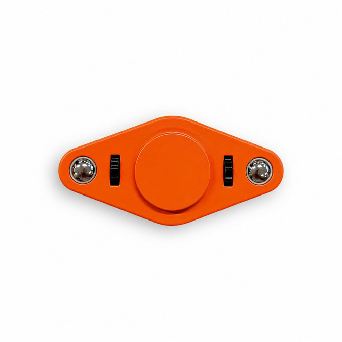 An orange Vibro Fidget Spinner with two textured knobs and silver balls on each side.