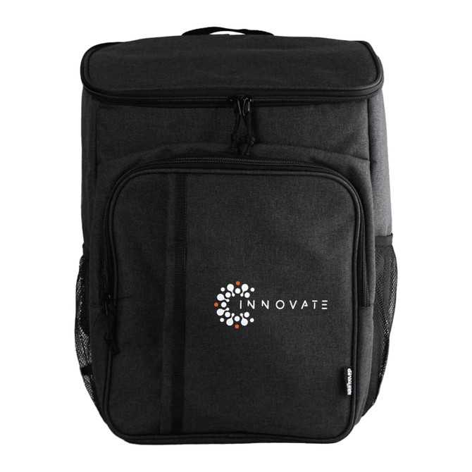 A black backpack with a front pocket, mesh side pockets, and a logo on the front.
