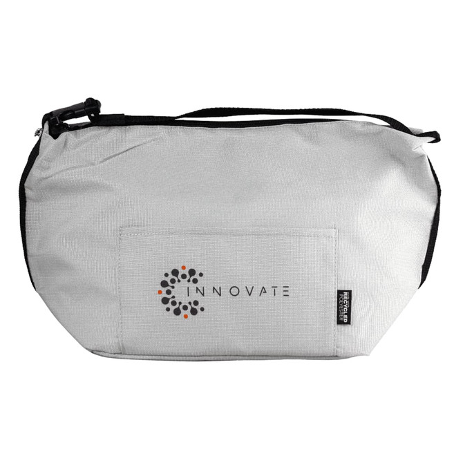 A grey cooler bag with a shoulder strap and an embroidered logo on the front.