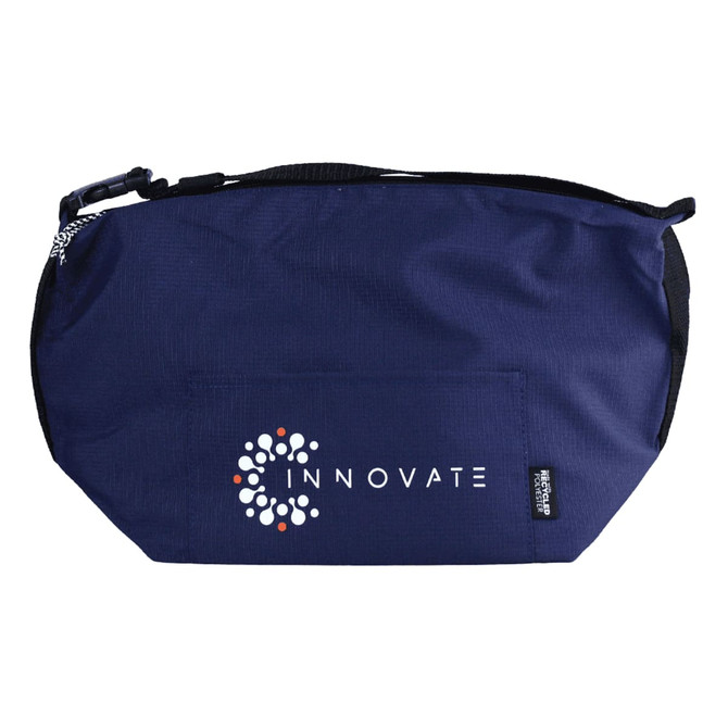 A navy cooler bag with a logo, featuring a zip closure and a shoulder strap for easy carrying.