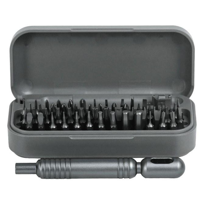 A grey 55 in 1 pocket screwdriver tool set with various screwdriver bits inside a matching case.