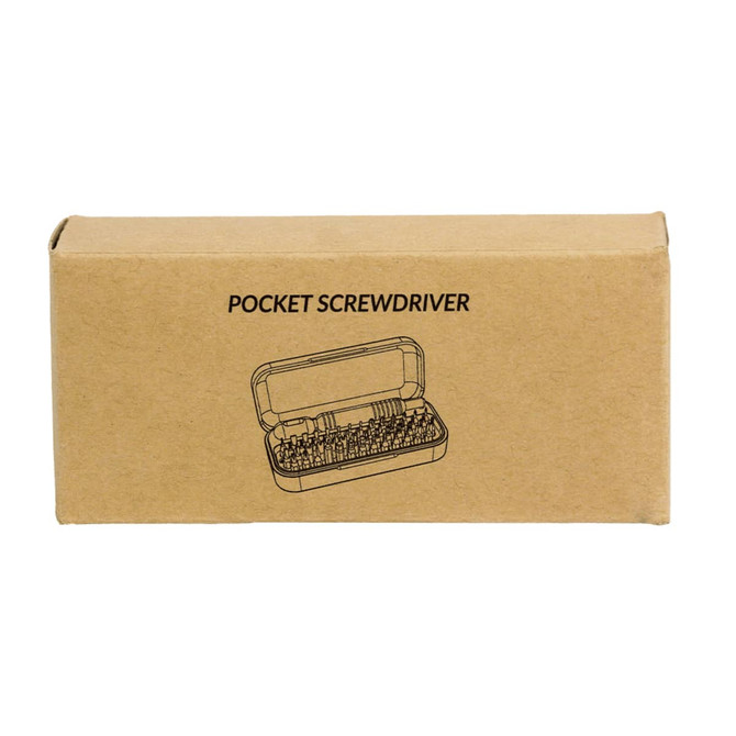 A brown cardboard box containing a compact 55 in 1 pocket screwdriver tool set with various attachments.