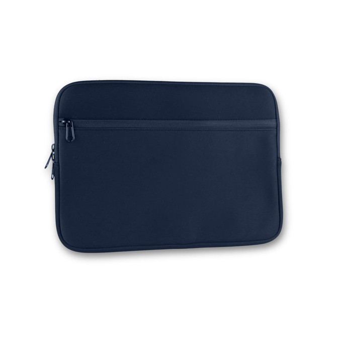 A navy neoprene laptop sleeve designed for 14-inch devices, featuring a zipper and a pocket.