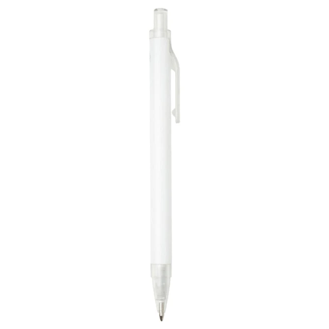 A recycled aluminium ballpoint pen in white, featuring a transparent grip section and a clip. It has a logo on its surface.
