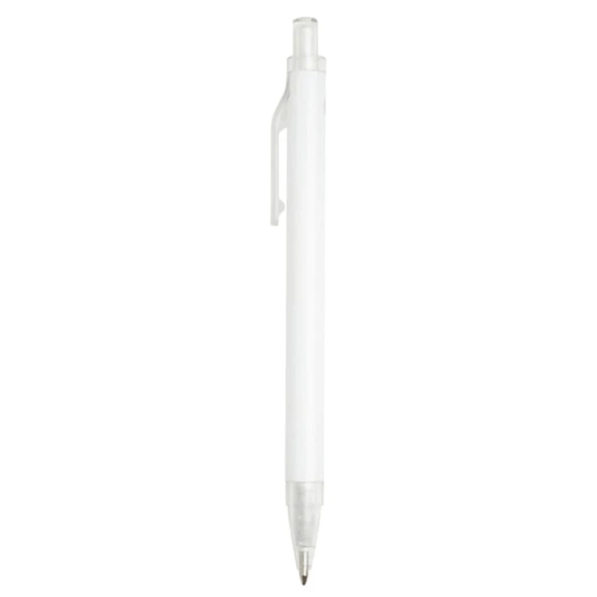 A white recycled aluminium ballpoint pen with a clear grip and clip, featuring a logo on the barrel.
