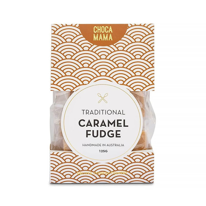 A package of traditional caramel fudge, featuring a decorative gold and white design, containing 125g of fudge.
