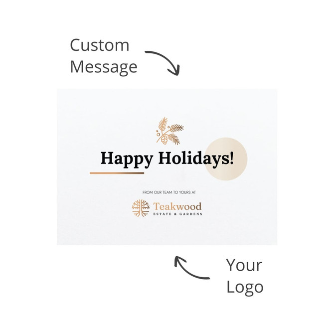 A festive card with a light background featuring holiday greetings and space for a custom message and logo.