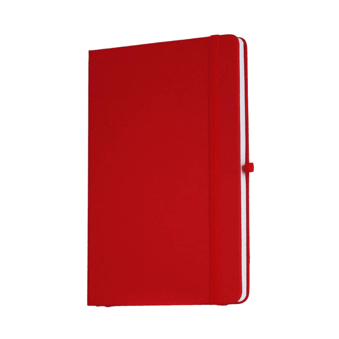 A red A5 journal with a hardcover and an elastic band closure, featuring a logo on the front.