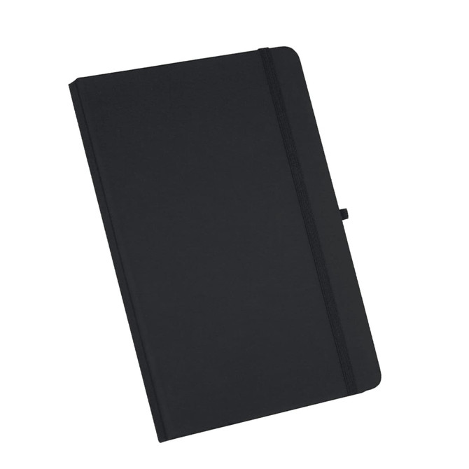 A black A5 journal with an elastic band closure and a logo on the cover.