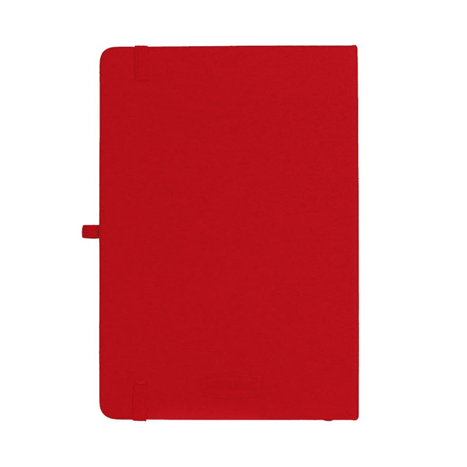 A red A5 journal with a smooth cover and a closure strap, featuring a logo on the front.