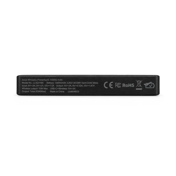 A solid black power bank with a compact design, featuring a logo and technical specifications on one side.