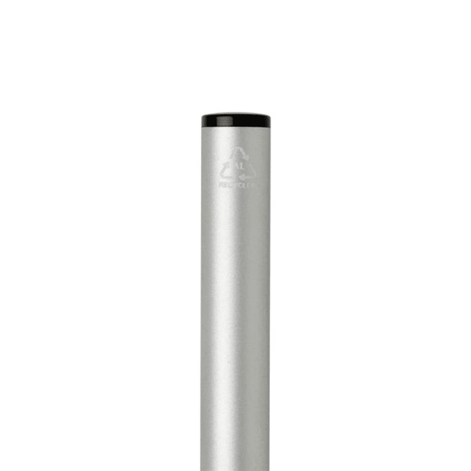 A silver ballpoint pen made from recycled aluminium with a black top and a logo.