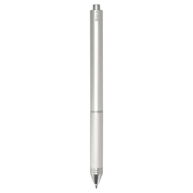 A silver recycled stainless steel pen with a sleek design and a textured grip, featuring a logo.