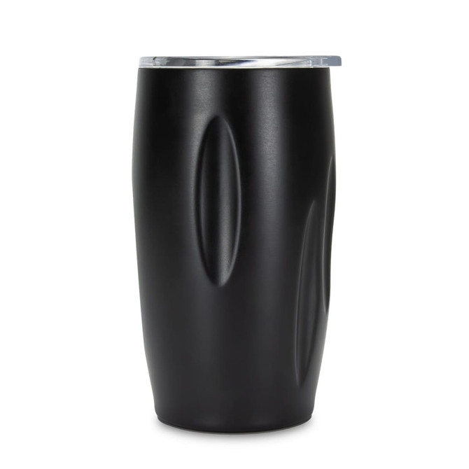 A drink bottle with a sleek black design and a silver lid, featuring an ergonomic shape. Includes branding.
