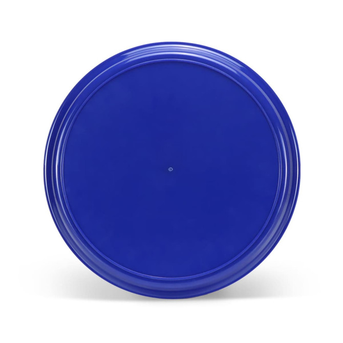 A round serving tray in vibrant blue, featuring a smooth surface and a central dot, with a logo present.