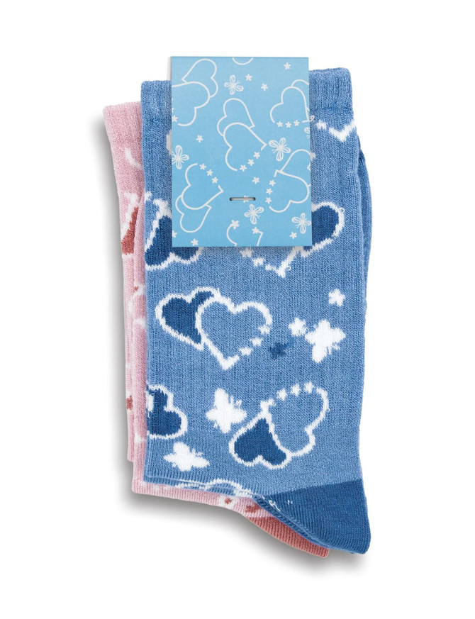 A set of two pairs of knitted bamboo kids' socks in pink and blue with heart patterns. Features packaging with a logo.