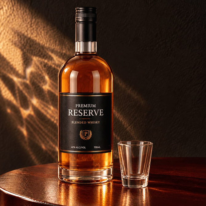 A bottle of premium blended whisky beside a clear shot glass, set on a wooden surface with textured lighting.