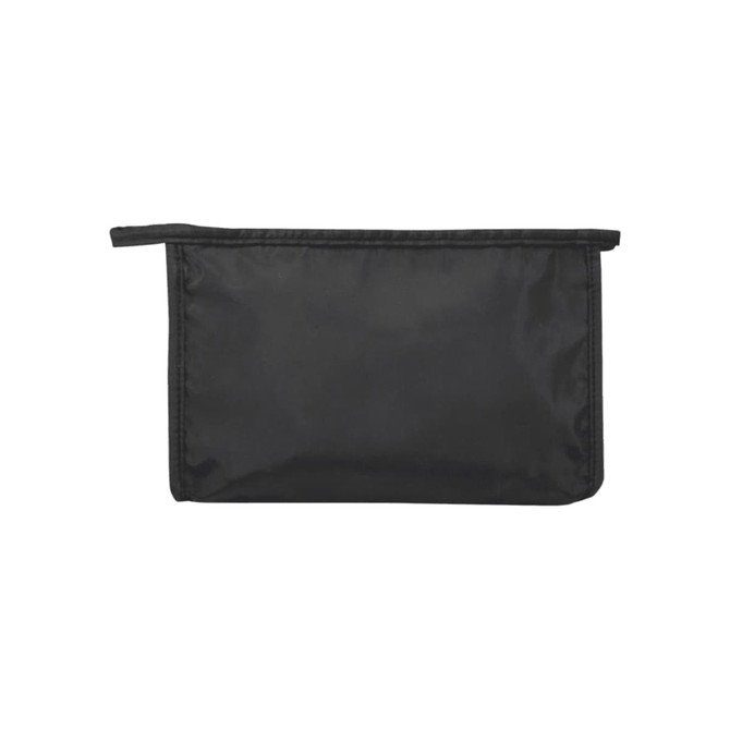 A black toiletry pouch made from RPET material, featuring a zip closure and a branded logo.