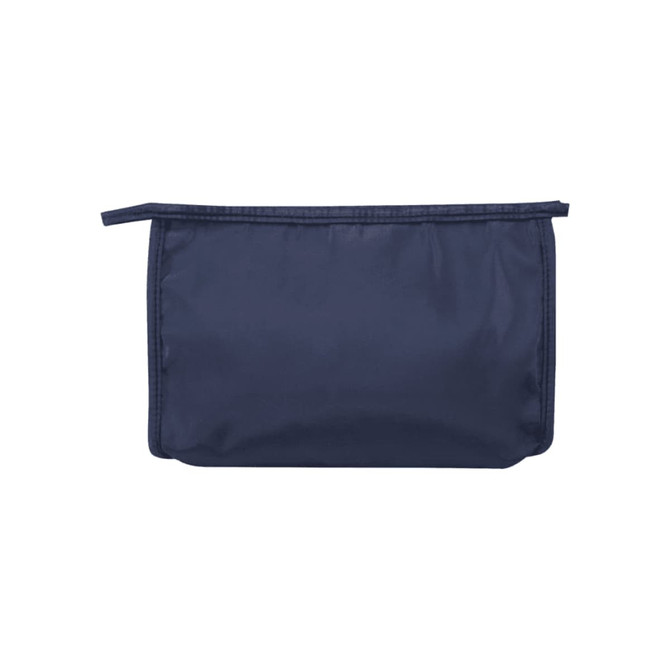 A navy blue toiletry pouch featuring a zip closure and a simple design. It has a logo on the front.