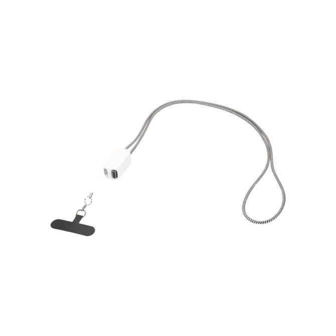 A white smartphone lanyard with a silver cord and a built-in 5-in-1 charging cable. Features a hook attachment.