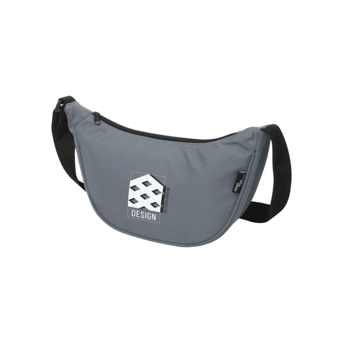 A grey waist bag with a curved design, featuring a logo and an adjustable strap.