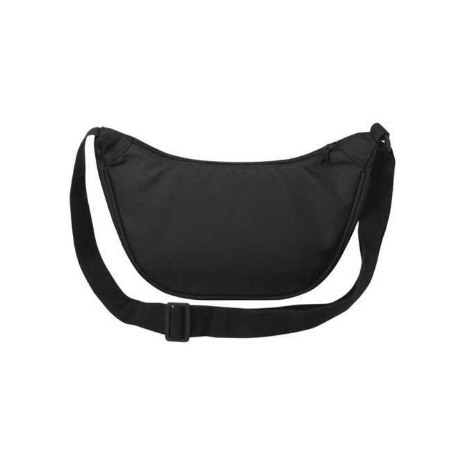 A black recycled waist bag with a curved design and adjustable strap, featuring a logo.