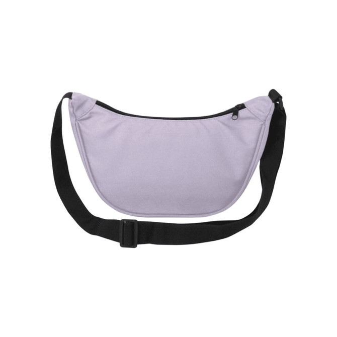 A lilac recycled waist bag with a black strap and zipper, featuring a logo.