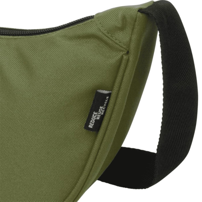 A green waist bag with a black strap and a branding label. The bag features a smooth finish and a zip closure.