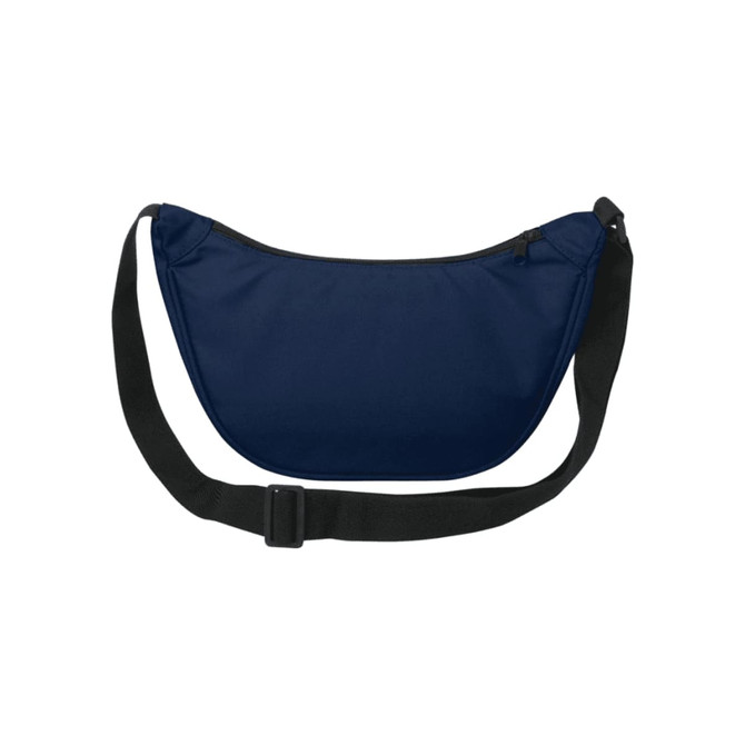 A navy waist bag with a black strap and zip closure, featuring a logo. Suitable for light carrying needs.