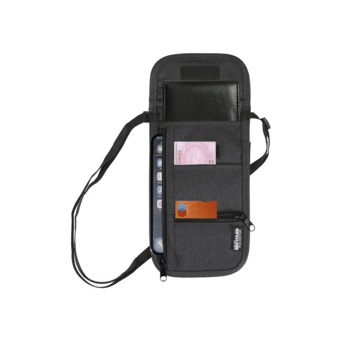 A grey recycled travel pouch with compartments for a phone, cards, and cash, featuring a logo.