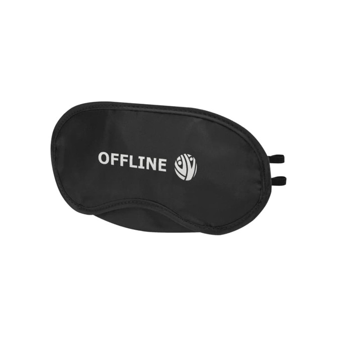 A black eye mask featuring a logo, designed for comfort and light blocking during travel.