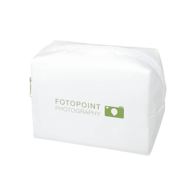 A white toiletry bag with a zip closure and a small logo. Features a rectangular shape and smooth texture.