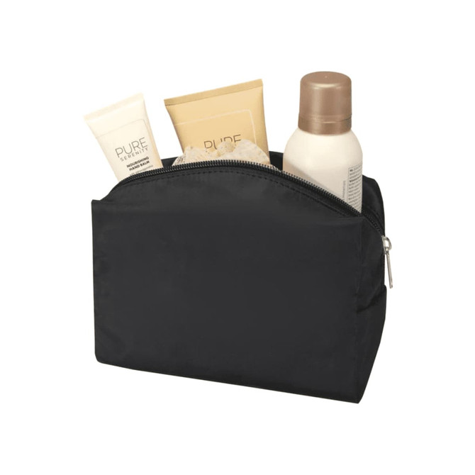 A black toiletry bag containing small bottles and tubes of personal care products. It features a zip closure and has a logo.