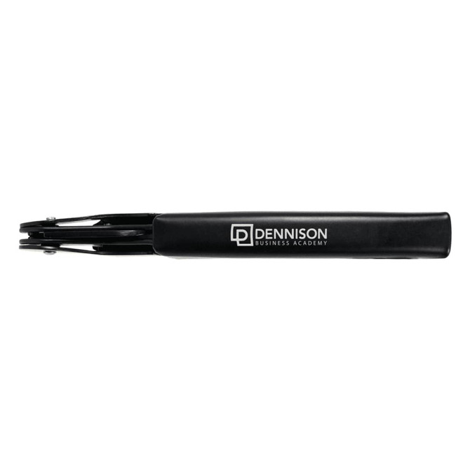 A black premium wine waiters knife featuring a branding logo, showcasing its sleek design and functionality.