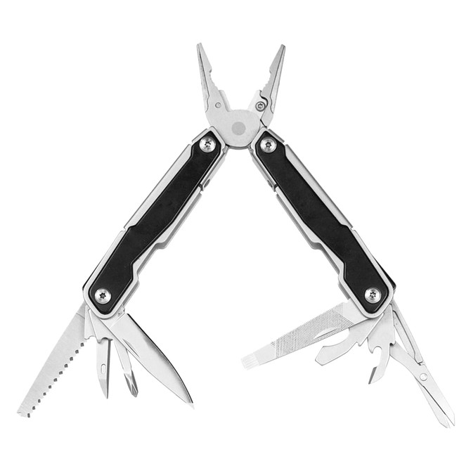 A multifunction tool featuring silver stainless steel and a black grip, with various tools including pliers, blades, and a saw.