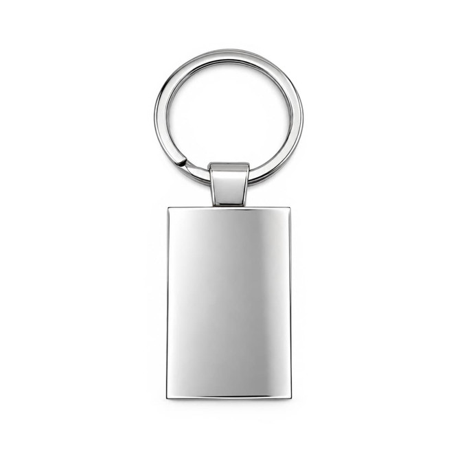 A silver keytag with a rectangular frame and a keyring attachment. The surface is smooth and reflective.