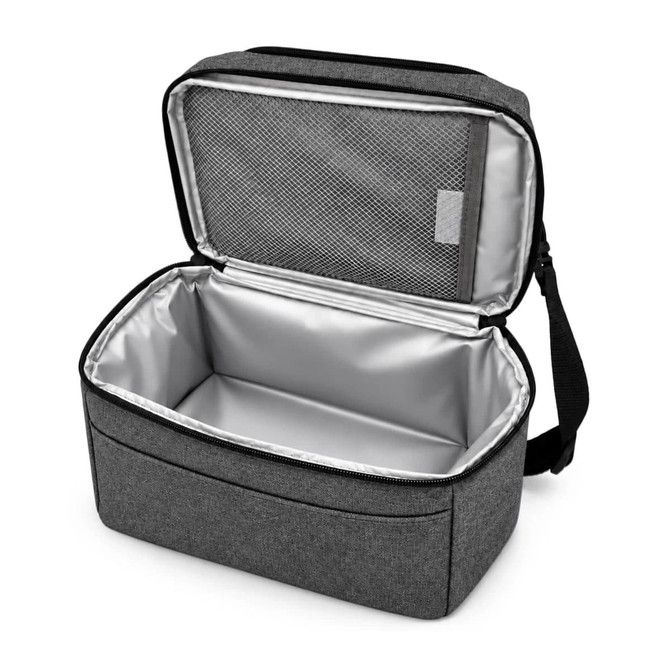A grey cooler bag with a silver interior, featuring a zippered opening and a shoulder strap.