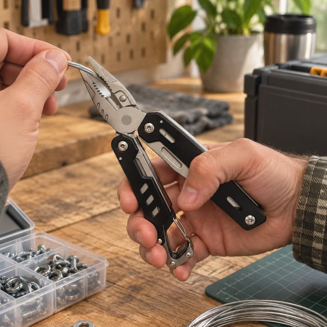 A multi-tool with pliers and a black handle, held in a hand above a wooden workbench with various tools and accessories.