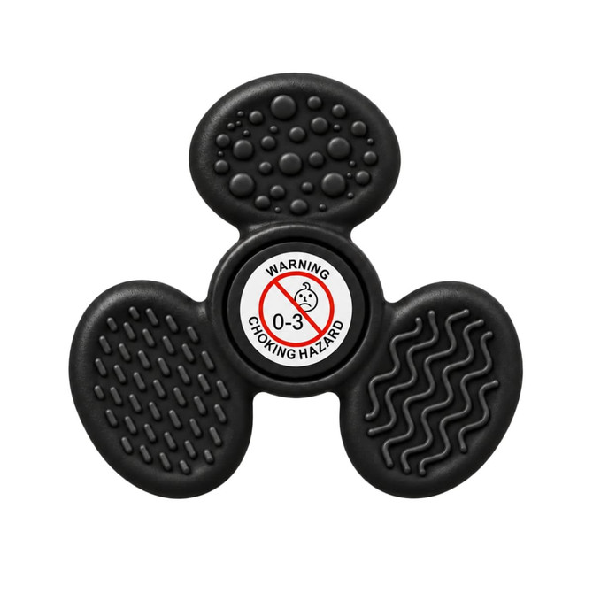 A tactile fidget spinner in black with various textured surfaces and a central logo.