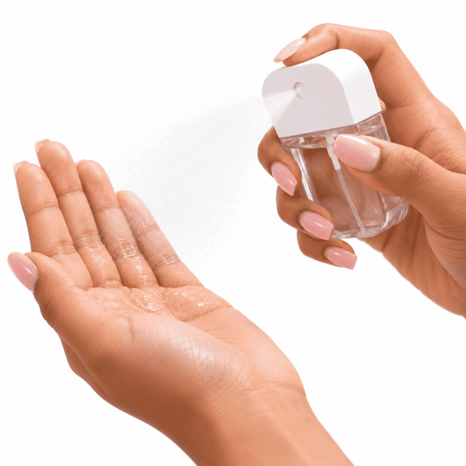 A clear 35ml spray sanitiser with a white nozzle is being applied to a hand.