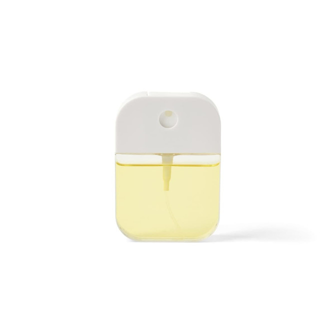 A 35ml spray sanitiser in a clear container with a white cap, featuring a yellow liquid inside.