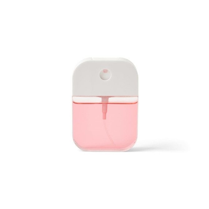 A 35ml spray sanitiser with a pink liquid, featuring a white top and a slim nozzle for application.