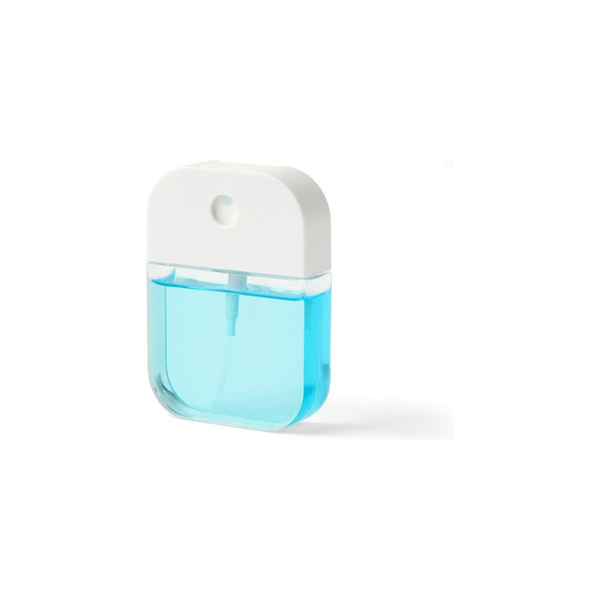 A 35ml spray sanitiser with a clear body and a white cap, filled with blue liquid. It features a logo on the top.