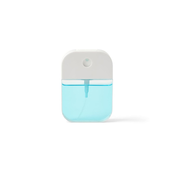 A 35ml spray sanitiser with a white top and translucent blue liquid, featuring a logo on the front.