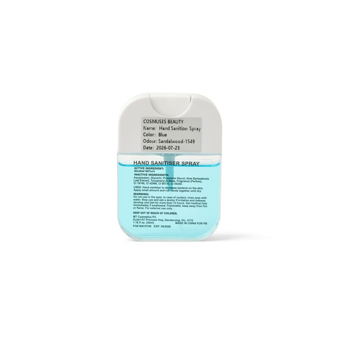 A blue 35ml spray sanitiser with a clear liquid and a branding logo on the container. Features a sandalwood scent.