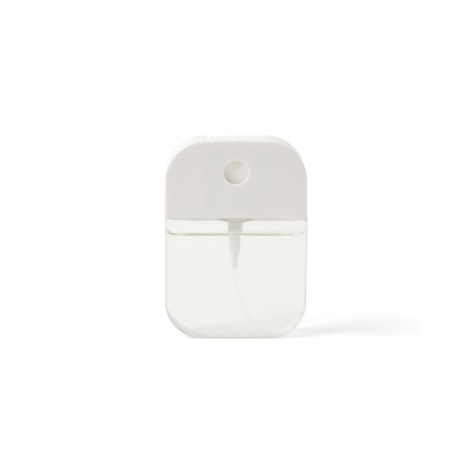 A white and transparent 35ml spray sanitiser bottle with a nozzle and minimalistic design. It has a logo on the front.