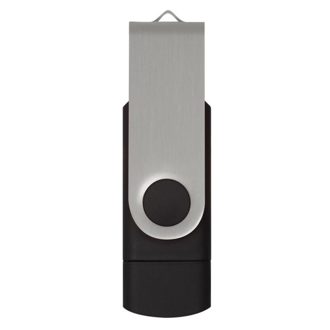 A black and silver Helix 8GB dual flash drive with a metal clip and circular button, featuring a logo.