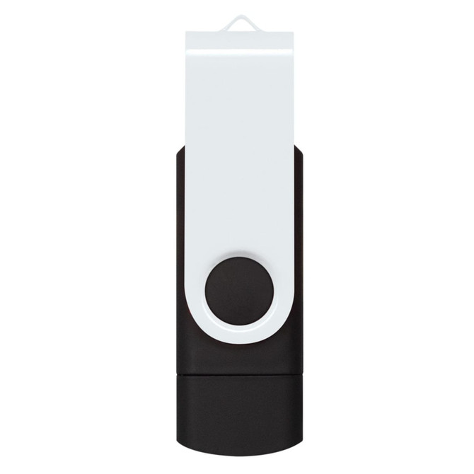 A dual flash drive in black and white, featuring a clip design and a circular button, with a logo present.